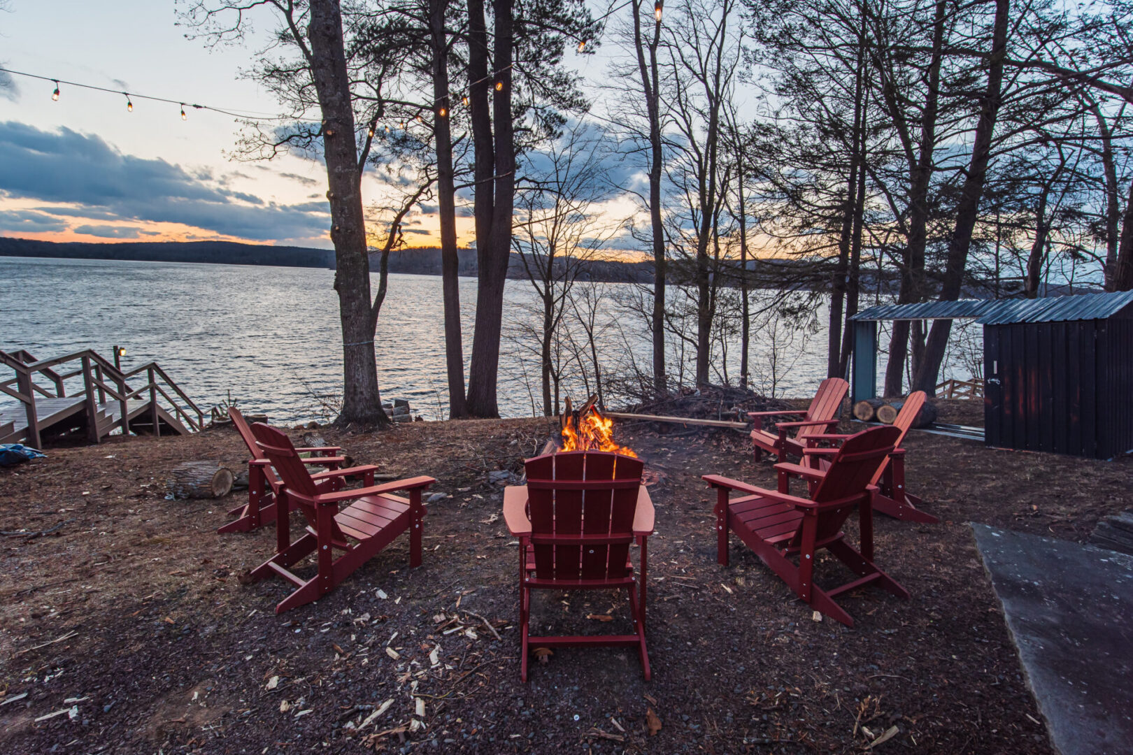 View of the camp fire and chairs on the display