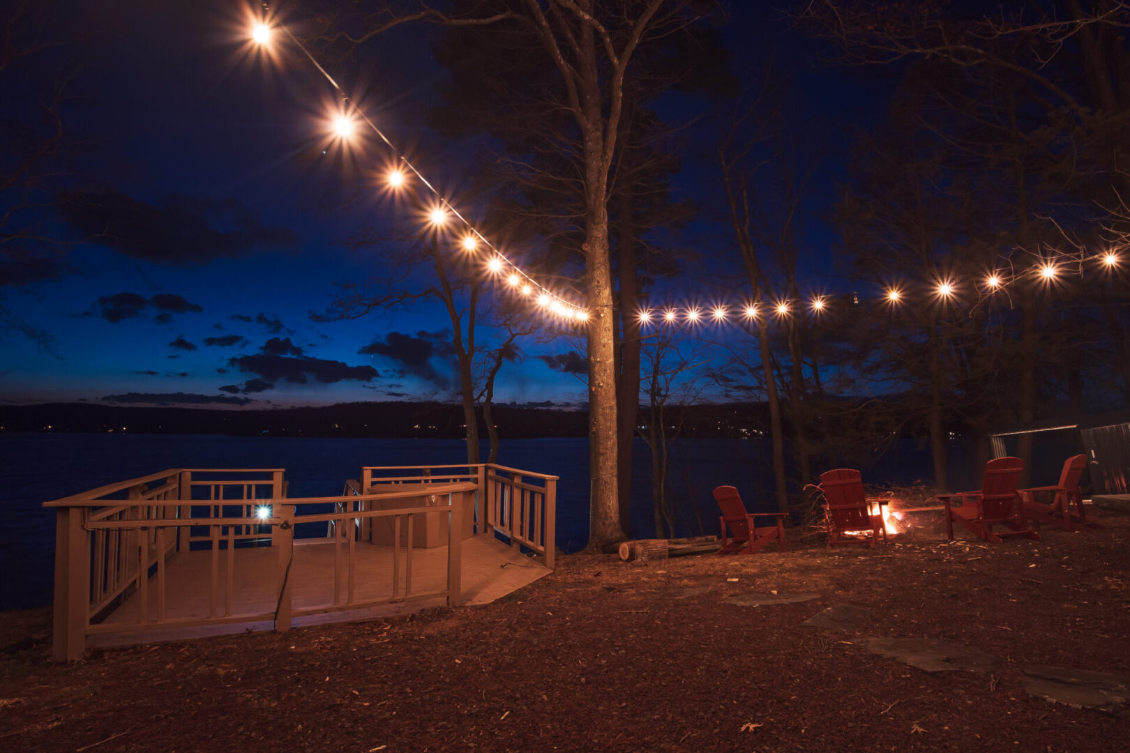 Lights across the river shore on the display