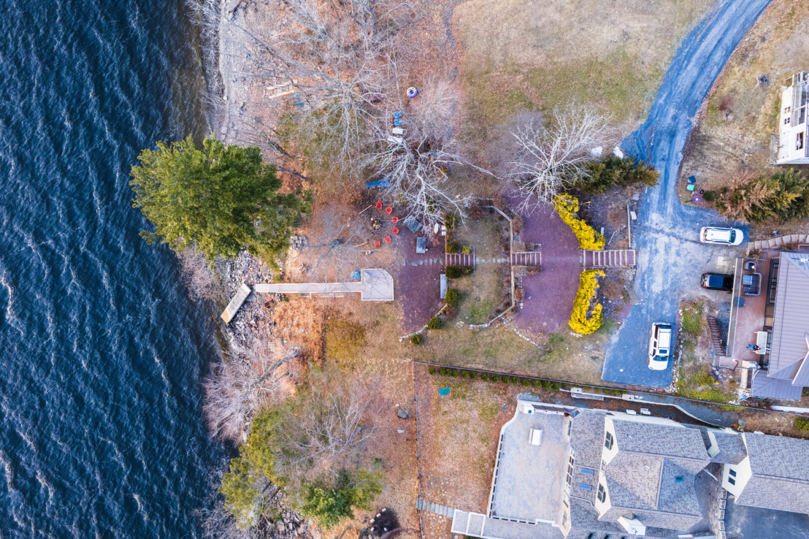 Drone view of the houses and river on display